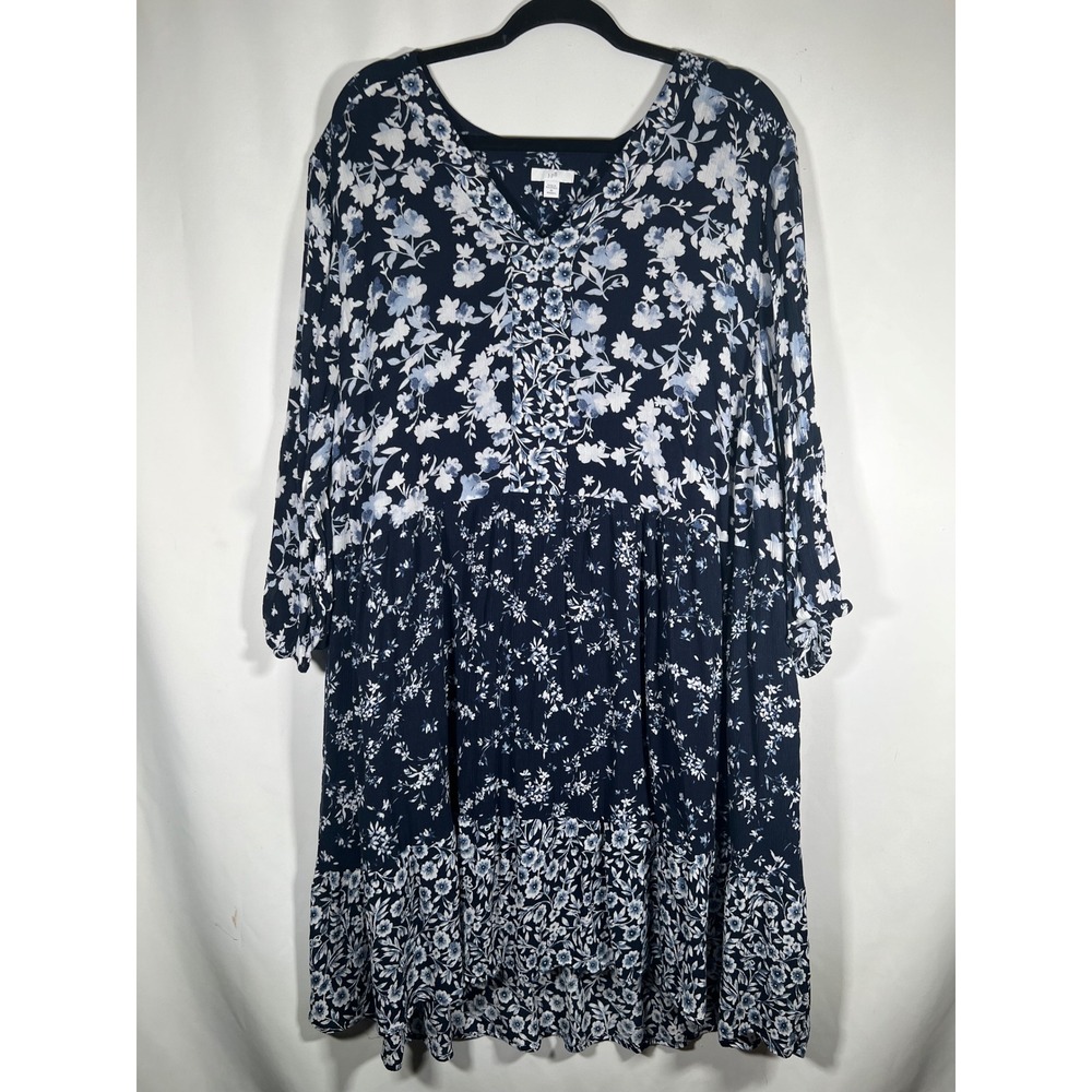 J. Jill Navy Blue Floral Tiered Midi Dress Womens 4X Long Sleeve Rayon Lined